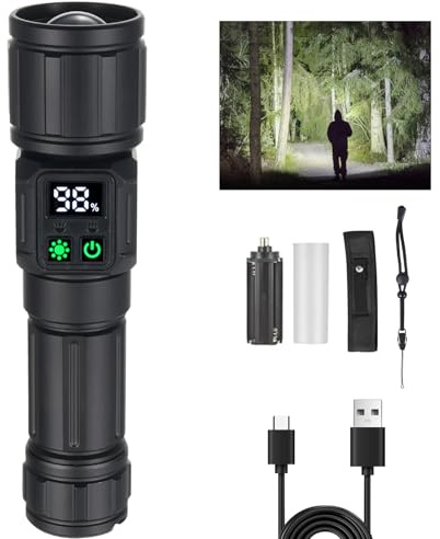 Tom-shine LED Taschenlampe Extrem Hell mit Zoomfunktion – USB-C Aufladbar 5000mAh, 9 Modi + Seitenlicht & Akku-Anzeige, IPX4 Regengeschützt für Jagd, Camping, Notfälle