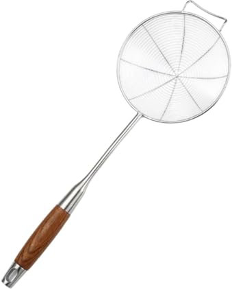 Gralara Colador de acero inoxidable, espumadera de alambre con mango de madera, colador de pasta para cocina, para cocinar pasta, freír patatas fritas, 13.5x43cm