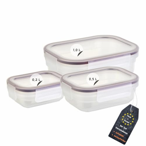 Engelland - 3er Set Aufbewahrungsdosen mit Deckel, luftdicht, auslaufsicher, stapelbar, Vorratsdose, BPA-frei, Kunststoff, verschiedene Größen, 0,2 L / 0,5 L / 1,0 L, transparent
