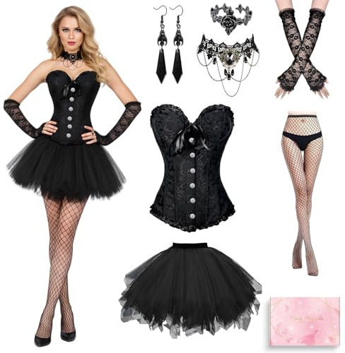 TOSZOLY Corset Femme Halloween et Jupe Tulle Gothique, Corset Dentelle et Accessoires Gothiques, Collier, Boucles D'oreilles, Bagues, Corsets Vintage pour Fête Cosplay Carnaval Halloween (M)