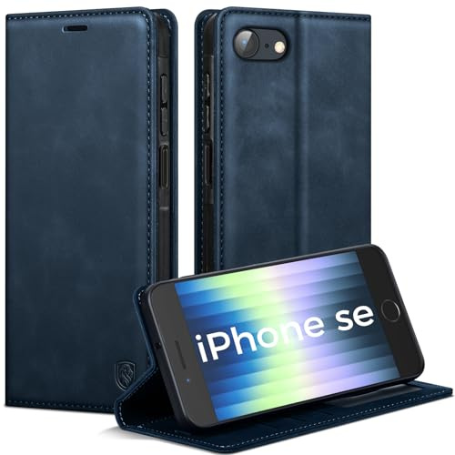 AIMOYU Handyhülle für iPhone SE 2022/SE 2020/iPhone 8/iPhone 7 Hülle, Premium Lederhülle Flip Case Magnet Tascher Kartenfach Standfunktion Klapphülle Schutzhülle für iPhone SE-Hülle, Blau