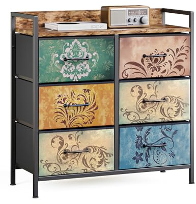 Mondeer Kommode mit 6 Schubladen, Schubladenschrank aus Vintage-Blumenmotiv Stoff Metallrahmen Rustikales, für Wohnzimmer Schlafzimmer Flur, 30 x 80 x 84 cm, Vintagebraun