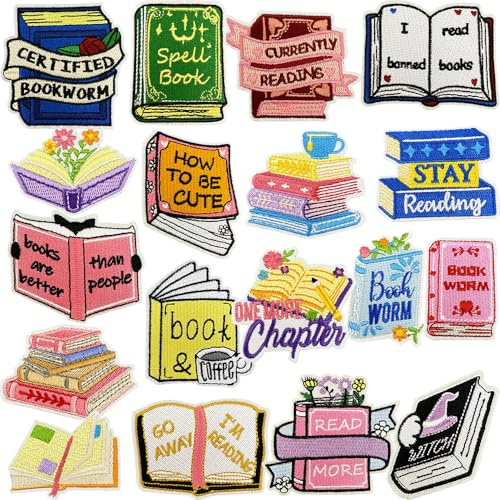 18 Stück Büchern Iron on/Sew on Patches Stickerei Aufnäher Flicken Bügelbilder Aufbügeln Patches Aufnäher für Aufnähen oder Aufbügeln auf T-Shirt Kleid Kleidung Jacken Hut Jeans Rucksäcke