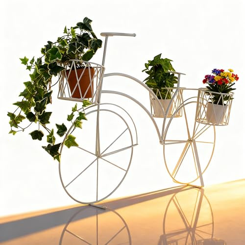 Maceteros Decorativos Interior, Macetas Decorativas Interior, Soporte Plantas Interior, Estanteria Plantas, Decoracion Hogar Vintage, Soporte Para Macetas Hierro - Bicicleta Blanca 3 Cestas 75x40x53cm