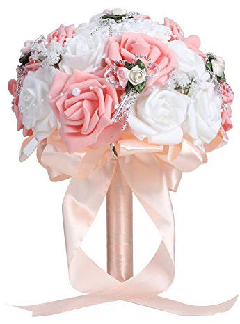 Bouquet Sposa Artificiale in Sete con Peonia Rosa e Perle Finte, 21 cm, Ideale per Matrimonio, Fidanzamento, Chiesa, Casa, Party, Conservazione come Souvenir, Adatto a Tutti gli Stili di Cerimonia