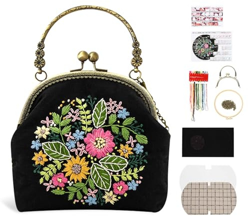 Schwarz Leinentasche Stickerei Starter Kit, Stickpackung Aus Segeltuch, Stickset Tragetasche, Canvas Tragetasche Damen, Unfertige Handgefertigte DIY-Geldbörse Mit Kussschloss Und Crossbody-Kette