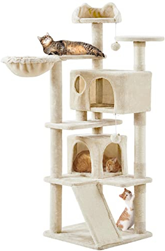 Yaheetech 144.5 cm Cat Tree for Indoor Cats, 2 Condos & Basket, Beige | Scratching Posts, Multi-level Cat Tower, Ladder with Sisal Pad, Twin Top Beds, Anti-Tip Kit, 2 Play Toys, FSC-Certified