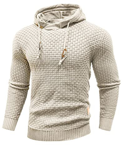 Zaitun Mens Hooded Sweatshirt Long Sleeve Solid Knitted Hoodie Pullover Sweater Khaki