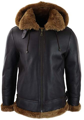 TruClothing.com Herren Lederjacke 100% Echtleder Schwarz Schaffell mit Kapuze Aviator Piloten Design Vintage Schafsleder Jacke
