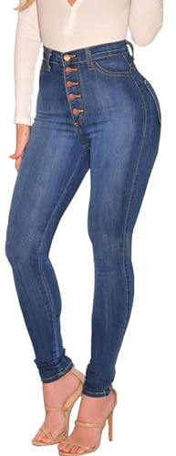 FISCLOSIN Womens High Waist Stretch Jeans 5 Button Push Up Butt Lifting Skinny Colombian Jeans,Dark Blue,X-Large