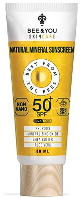 Bee and You - Protector solar mineral 100% natural, resistente al agua y no graso, protección solar de banda ancha SPF 50 UVA/UVB con óxido de zinc y propóleo de abeja, hipoalergénico