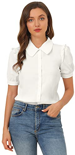 Allegra K Damen Puffärmel Bubikragen Knopfleiste Oberteil Shirt Rüschen Elegant Top Bluse Weiß M