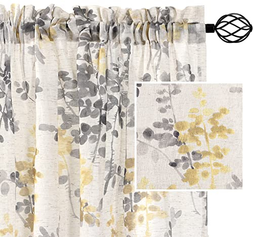 H.VERSAILTEX Linen Sheer Curtains for Living Room Curtains 84 Inches Long Light Filtering Rod Pocket Window Sheer Linen Curtains for Bedroom, 2 Panels, Classical Floral Printing Yellow and Taupe