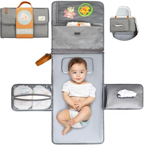 Wickelunterlage für unterwegs kompakte Wickelauflage XL - Kombinierbare abnehmbare Wickeltasche mit 6 Fächern, Tuchspender und bequemes Kissen für den Kopf Ihres Babys (Grau).