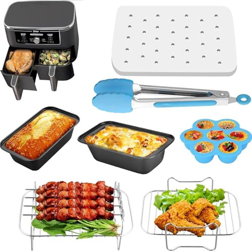 HOMGEN Air Fryer Zubehör 6-teiliges Heißluftfritteusen Zubehör Doppelkammer Airfryer Zubehör für Ninja Foodi AF400EU AF300EU 8L-9.5L Grillrost Backpapier etc