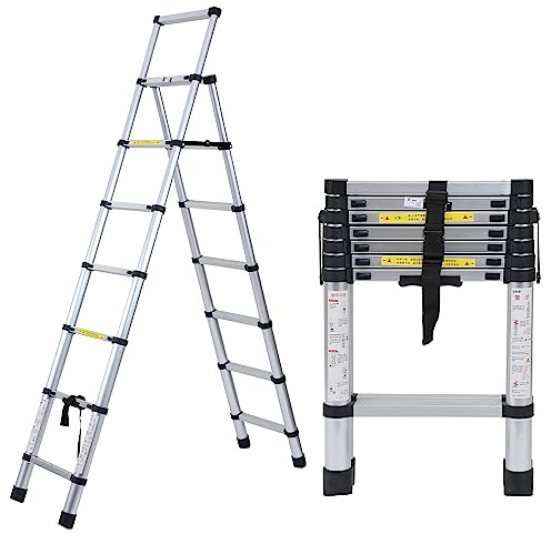 Ansobea Aluminium Teleskopleiter Klappleiter 2.0m+2.3m, A-Rahmen 6 +7 Stufen, Mehrzweckleiter 150kg Tragkraft, EN131