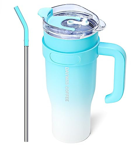 DAYMOO Mug isotherme avec paille et Poignée, Gobelet avec Paille et Couvercle, Tasse Thermos en Acier Inoxydable, Thermos Café Mug avec Couvercle, asse de Voyage Chaud ou Froid - 1.2 L, Bleu Blanc