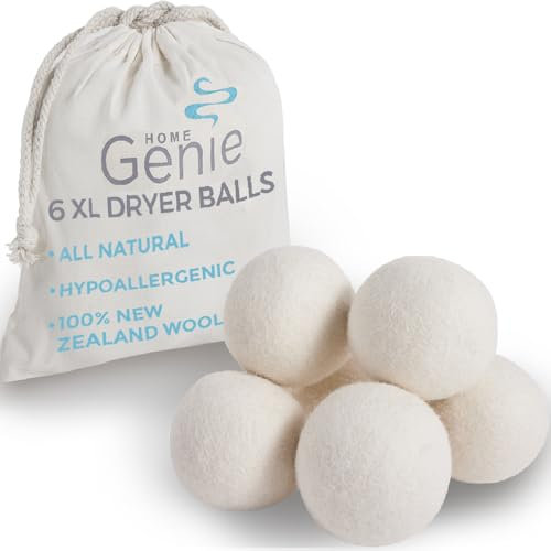 HOME GENIE 6 Pack XL 100% New Zealand Wool Dryer Balls, Reusable Over 400 Loads, Fast Drying and Helps Reduce Wrinkles, Anti Static Lint Pet Hair Natural Fabric Softener, Laundry Household Essentials