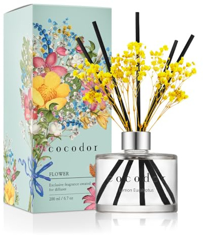 COCODOR Flower Reed Diffuser set / 6.7oz / Lemon Eucalyptus/Scent Diffuser with Sticks Home Fragrance Reed Diffuser for Bathroom Shelf Decor