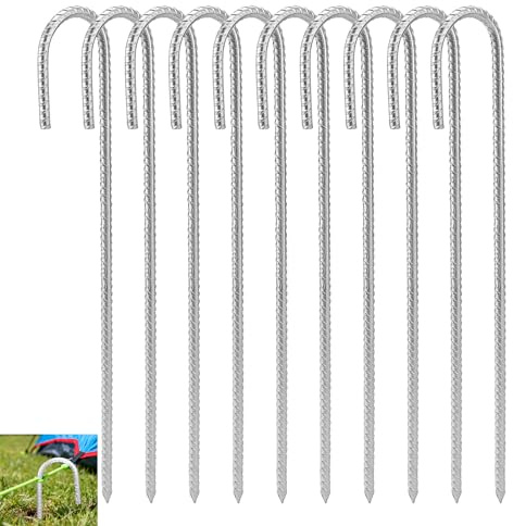 Zeltheringe für Bewehrungsstäbe, 40 cm, verzinkter Stahl, J-Haken, Anker-Heringe, Trampolin-Heringe für Zelte, Trampolin, 10 Stück