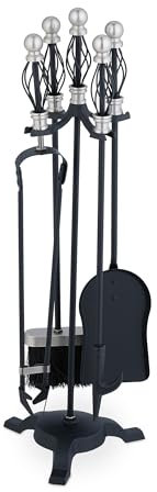 Relaxdays Set 5 Attrezzi da Camino o Stufa, Attizzatoio, Pala, Scopino, Pinza e Supporto Utensili, Ferro, Nero Argentato, 66 x 21 x 21 cm