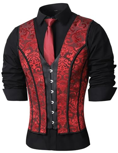 HUAMYTH Men's Corset Vest, Waist Trainer, Red Print, Medieval Vest, Lacing, Bones, Formal Tops, Wedding, Stage, Red, print., L