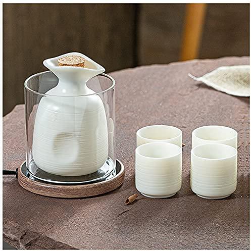 Sake Set, Saki Cups，Crafts Cup Ceramic Sake Set， Sake Set with Warmer, Traditional Hot Saka Set 7-Piece Including 1Pc Warming Mug, 1Pc Sake Pot, 4Pcs Sake Cups and Electric Heating Base,1 pot 6 cups (