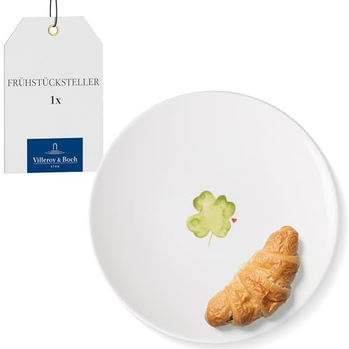 Villeroy & Boch – With Love plato de desayuno Good Luck 21x21x2,5cm, porcelana premium, regalo, plato pequeño, plato para tarta, ensalada o postre, apto para lavavajillas y microondas