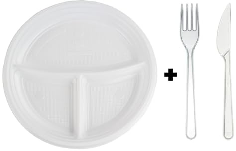 daybays Mehrweg 500Stk. 3-geteilt Plastikteller 500Stk. Plastikgabel 500Stk. Plastikmesser Set Mehrwegteller Plastikbesteck Set (500, 3-geteilt_Gabel_Messer)