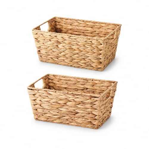 Eden & Willow Natural Water Hyacinth Woven Storage Basket with Handles | Wicker Shelf Baskets for Home Decor and Bathroom Organisation | Handmade Stackable Gift Hamper Basket (2, Small)