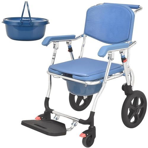 Silla Ruedas para Ducha con Inodoro Autopropulsada, Silla para Inodoro con Inodoro junto Cama con Ruedas, Silla Transporte de Aluminio Multifuncional Plegable 3 en 1 para discapacitados Ancianos