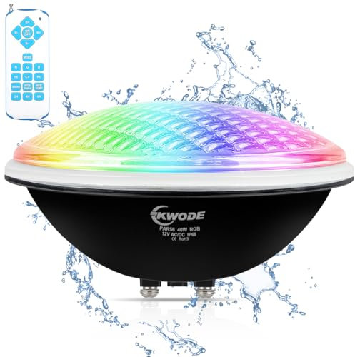 KWODE Illuminazione LED per piscina PAR56, 40 W, RGB, Timing 2/4/6H, IP68, impermeabile, per piscina, subacquea con telecomando, 12 V AC/DC
