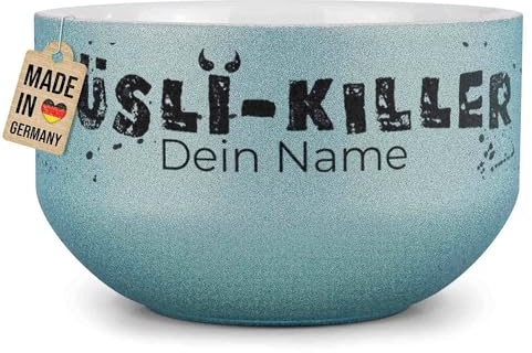 Print Royal PR Glitzer Müslischale mit Name selbst gestalten - Müsli Killer - Personalisiertes Geschenk für Familie und Freunde - Keramik Schüssel, Blau 500 ml