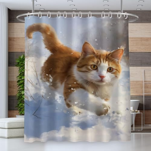 ZISTRCBAO Duschvorhang Anti-Schimmel,120 * 180cm Wasserdicht Antibakteriell Vorhang für Dusche und Badewanne für Kinder,3D Realistische Katze Schnee Bernstein,inkl 12 Duschvorhangringen