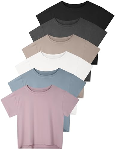 Dalavch 6 Pack Women's Crop Top Short Sleeve Athletic Workout Yoga Running Gym Casual Tees T-Shirts Loose Fit 1 Black 1 White 1 Heather Grey 1 Pink 1 Khaki 1 Blue Large
