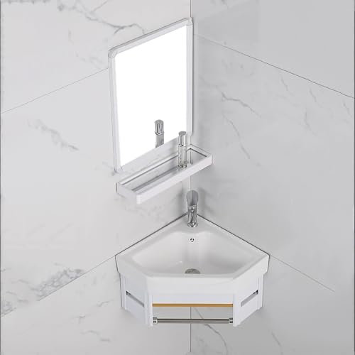 Hltdzer Lave Main Céramique Blanche avec Miroir Évier d'angle en céramique Meuble lavabo d'angle avec évier Évier Mural d'angle pour Salle de Bain avec Miroir pour Chambre(16.5in/42cm)