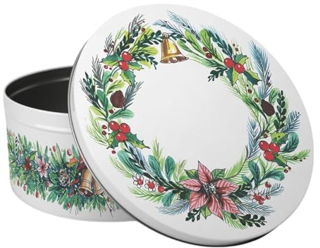 Purely Home Christmas Wreath Large Cake Tin - Festive Foliage Kitchen Bakeware Gifts - Round Metal Storage Container for Baking 23 x 10cm