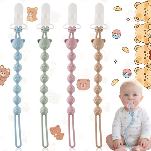 Oneroomone Lot de 4 Les attaches-tétines en silicone, Attache Sucette avec Une Seule Pièce Silicone, Accroche Tétine Bebe sans BPA, Porte-Tétine pour Bébés dès 3 Mois(bleu, vert, violet, marron)