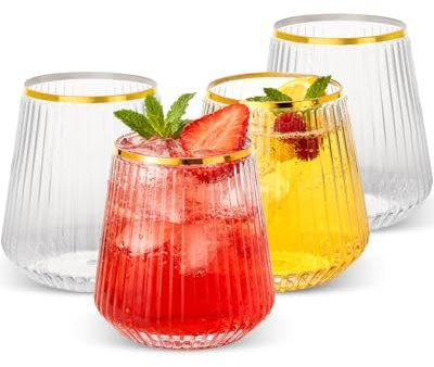 Goodluck 36 Pack 12oz Stemless Plastic Wine Glasses – Clear Ribbed Cups with Gold Rim, Fancy Reusable Disposable Drinkware for Weddings, Parties, Bars, Indoor and Outdoor Events