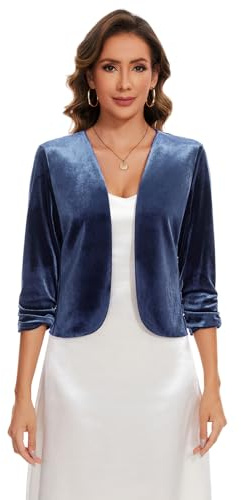 MINTLIMIT Damen Strickjacke Kurz Samt Bolero 3/4 Ärmel Cardigan Vorne Bolerojacke Elegant Blazer (Blue L)
