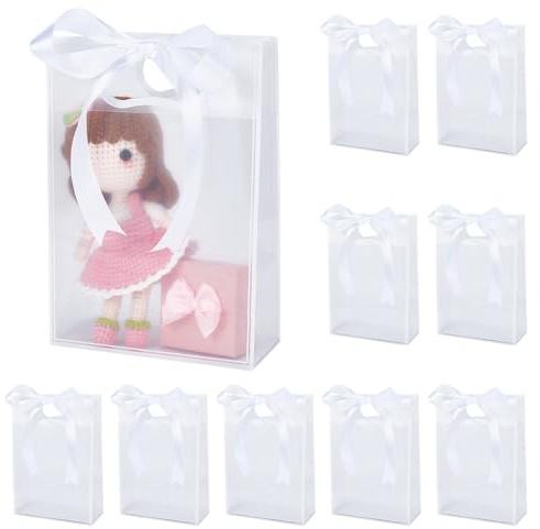 DELORIGIN Durchsichtige Geschenktüten Kunststoff mit Griffen, Weiß | 36 Packung, Wiederverwendbar Handtaschen mit Tragegriffen, inklusive 66m Geschenkband, für Hochzeit Brautparty Brautjungfer