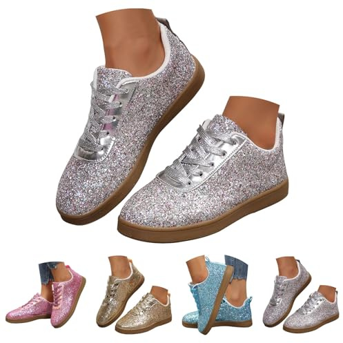 New UK 5 Sequin Sneakers Women Glitter Sparkly Fashion Sneakers Shoes Shiny Casual Bling Sequin Low Cut Lace Up Shoes for Concert Party Wedding Walking Gift Footwear Silver