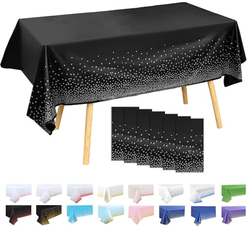 Lot de 6 Nappes Plastiques à Pois Fond Noir avec Pois Argentés 137x274 cm – Nappe Rectangulaire Réutilisable pour Fête Anniversaire, Décoration Table Événement Sportif, Imperméable Anti-taches