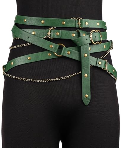 HiiFeuer Mittelalterlicher DIY-Kunstleder-Metallkettengürtel, Vintage Verstellbarer dünner Gürtel für Frauen, Retro Skinny Gürtel für Kleider