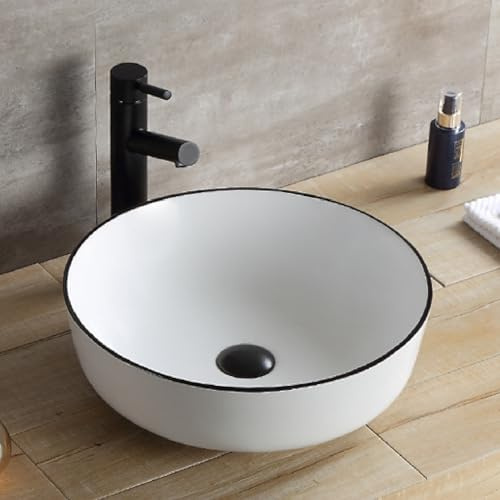 Piccolo Lavabo Da Appoggio For Bagno, Lavabos Da Appoggio Sopra Il Piano, Lavabo Rotondo In Ceramica Con Bordo Nero For Guardaroba(White A)