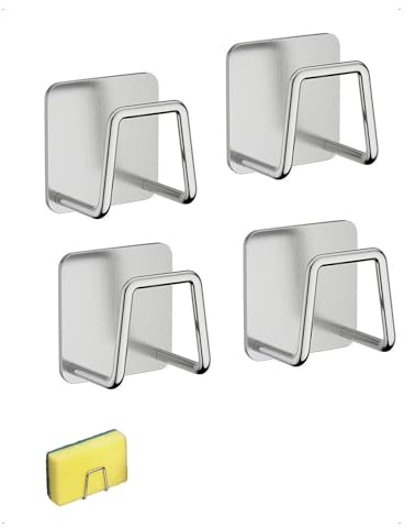 SanKristo 4 Piezas Soporte Esponja Fregadero Autoadhesivo de Cocina, Impermeable Soporte Estropajo Fregadero Acero Inoxidable 304, Extraíble Posa Esponjas con Gancho, Plateado, para Cucina y Baños