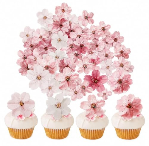 75 Pcs Edible Cherry Blossom Cupcake Toppers, Pink Wafer Paper Flowers | Delicate Cherry Blossom Design, Creates Elegant Cake Decorations for Weddings, Birthdays and Special Occasions