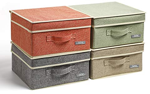 YueYue Small 4 Pack Fabric Stroage Box with Lids, Linen Foldable Stroage Box with lids 4 Color Set 12.4in/12in/6.7in