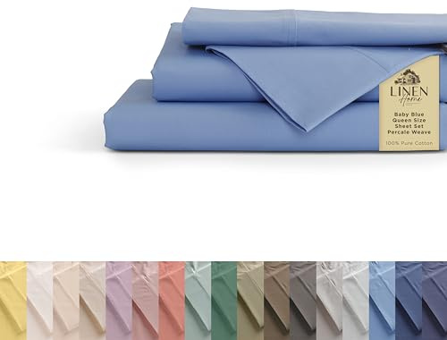 Linen Home 100% Cotton Percale Sheets Queen Size, Baby Blue, Deep Pocket, 4 Pieces Set - 1 Flat, 1 Deep Pocket Fitted Sheet and 2 Pillowcases, Crisp Cool and Strong Bed Linen