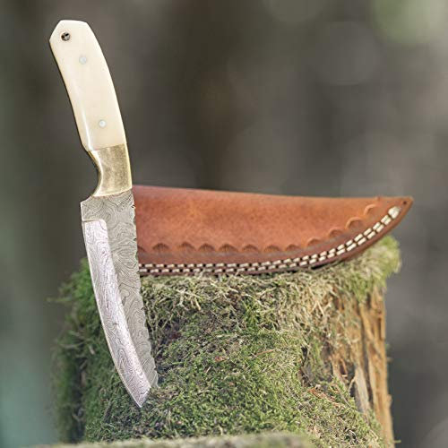 elToro Brass Bone - Damast - Jagdmesser - 14cm - inkl. Lederscheide; Messer für Camping, Outdoor, Survival